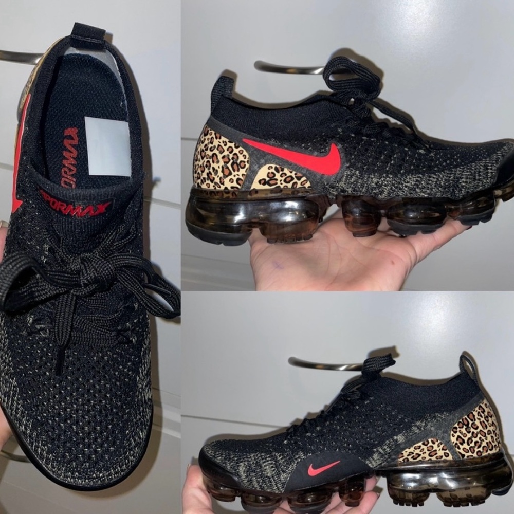 Nike Black and Red Athletic Shoes with Leopard Print